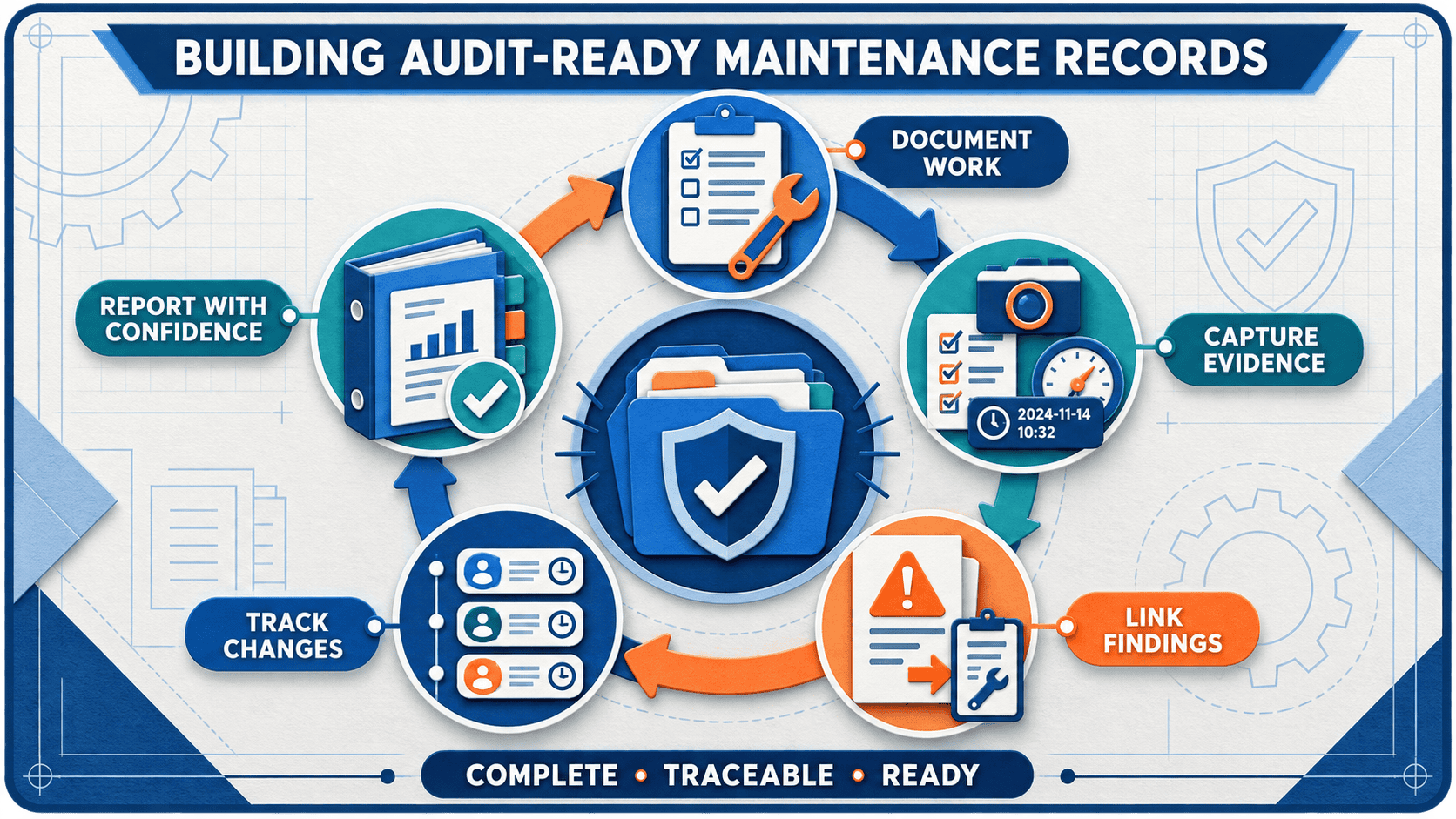 Maintenance manager reviewing audit-ready work order records and inspection checklists in a CMMS