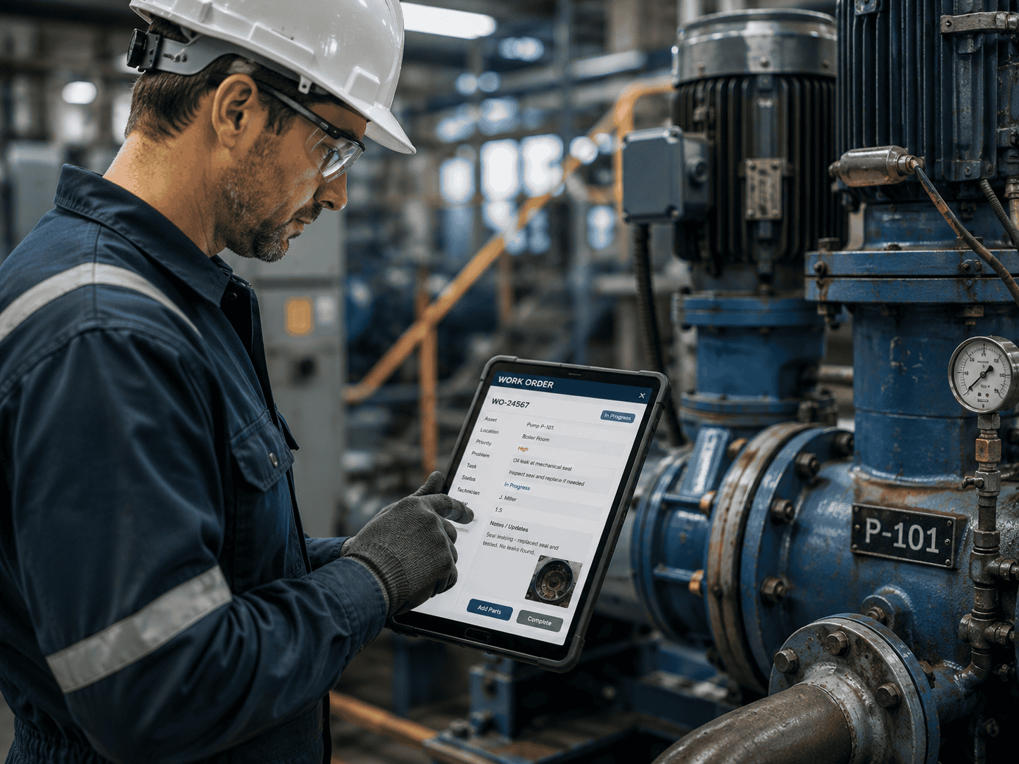 Maintenance technician updating a work order on a tablet next to industrial equipment
