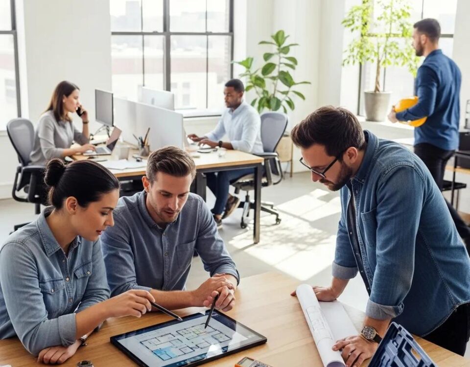 Facility management team collaborating in a modern office environment