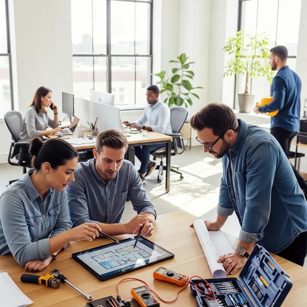 Facility management team collaborating in a modern office environment