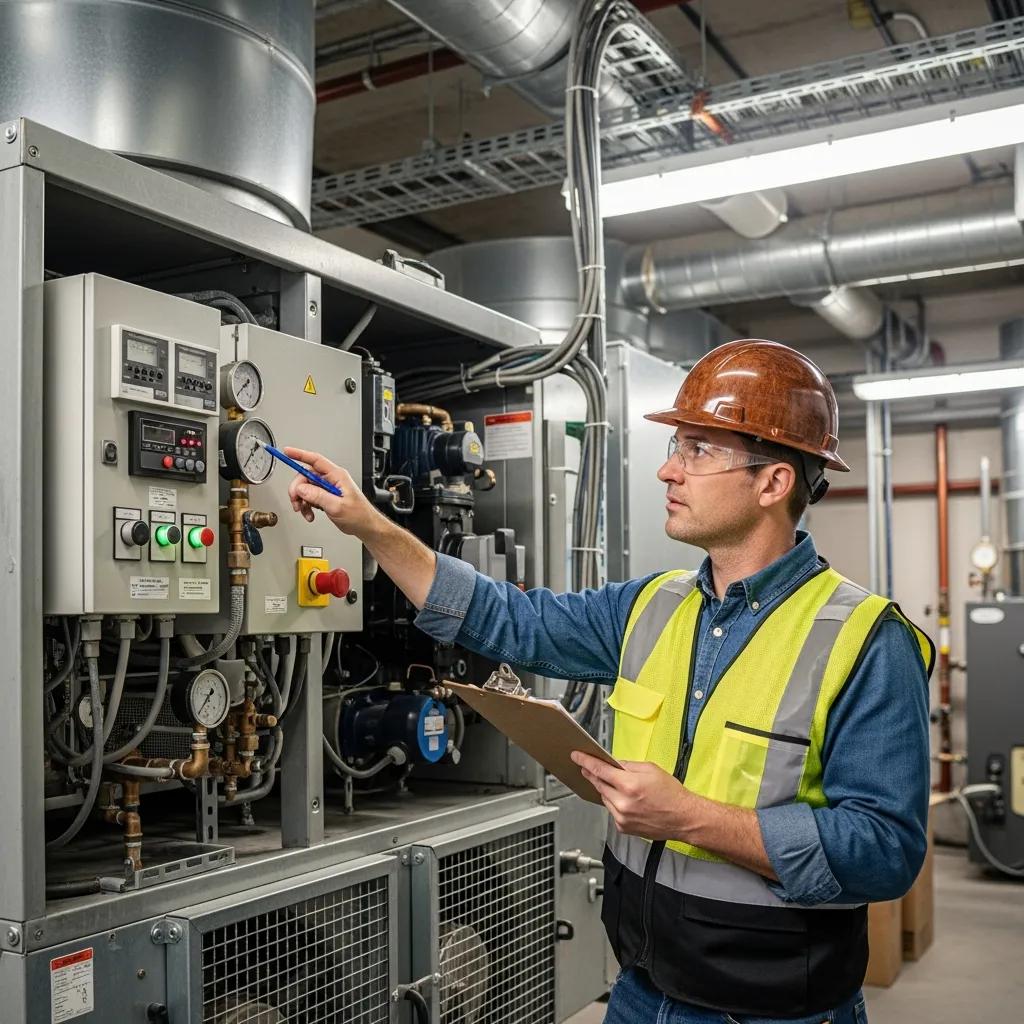 Facility manager inspecting HVAC system for maintenance and safety