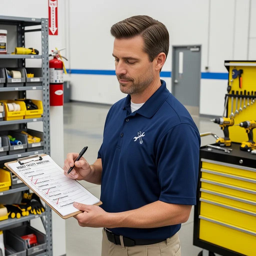 Facility manager reviewing a checklist in a well-maintained facility, emphasizing best practices