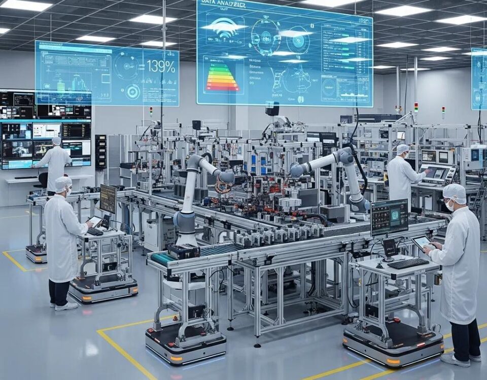 Modern manufacturing facility with advanced technologies illustrating Industry 4.0 concepts