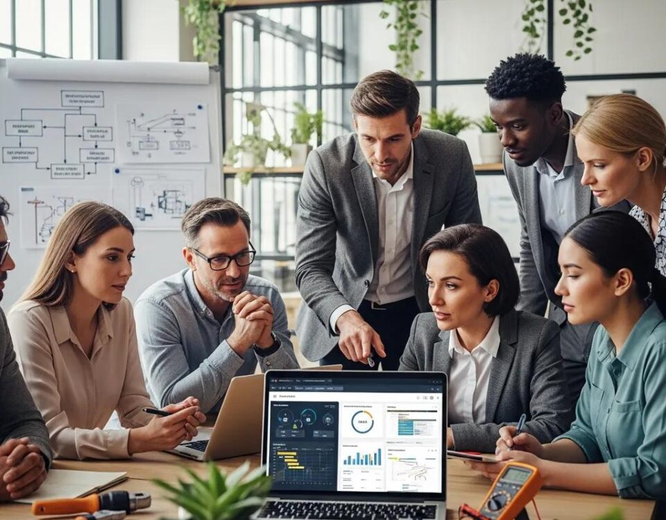 Team collaborating on CMMS software in a modern office setting