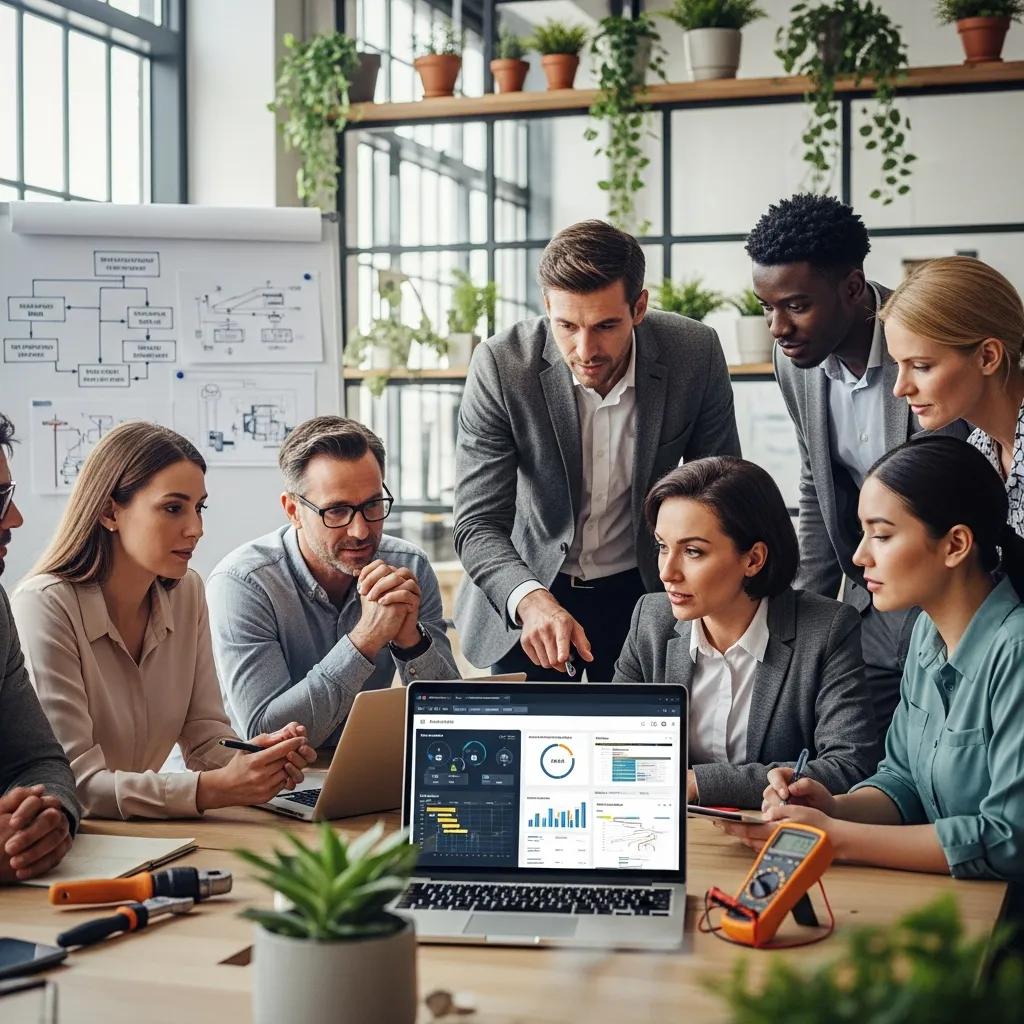Team collaborating on CMMS software in a modern office setting