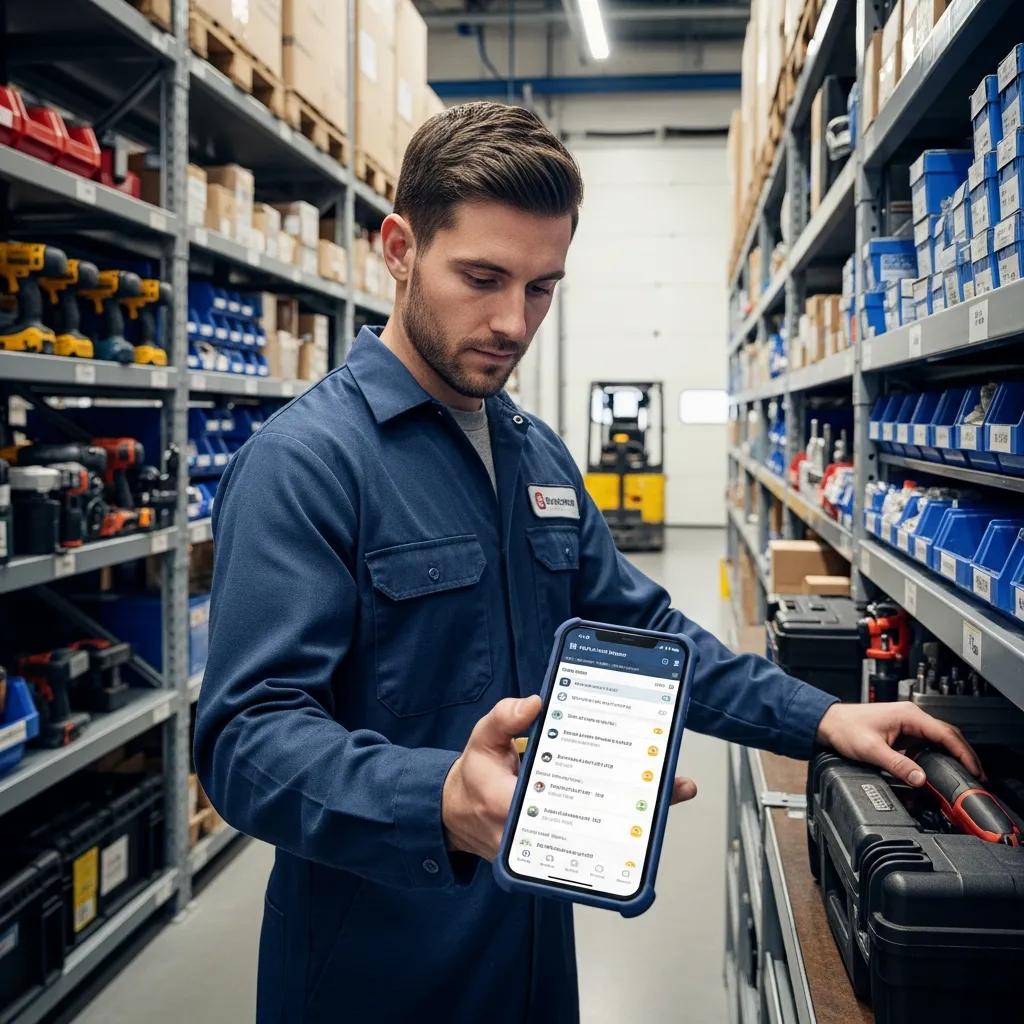 Technician managing work orders on a smartphone in a warehouse