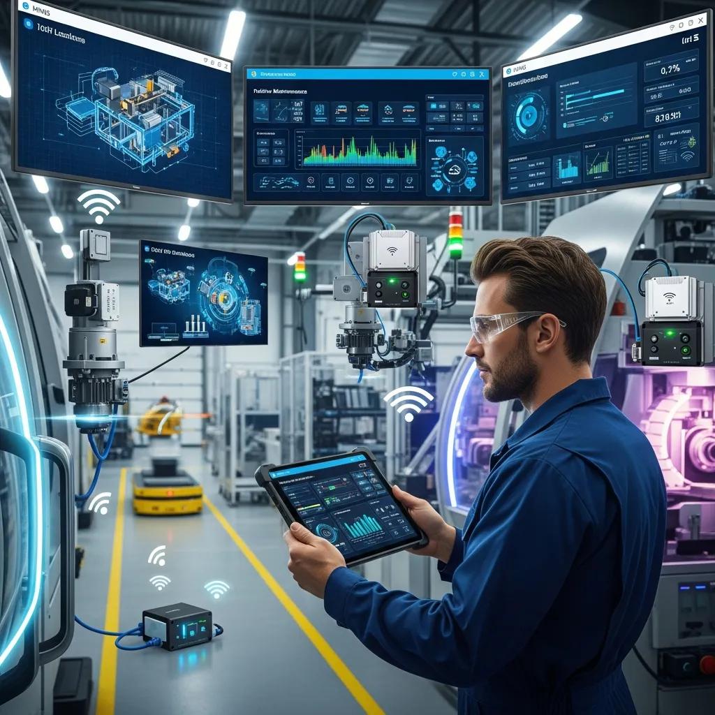 Technician using CMMS in a smart factory to monitor machinery and enhance operational efficiency